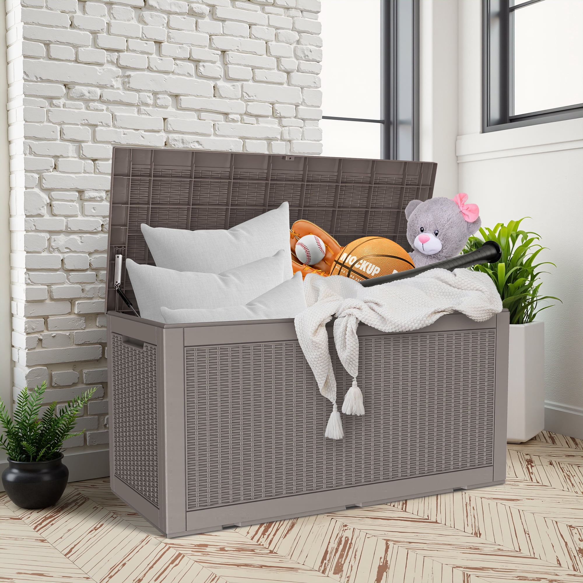 MAYEERTY 100 Gallon Outdoor Deck Box, Large Capacity Storage Box for Patio Furniture Cushions, Pillow with Wheels, Light Brown