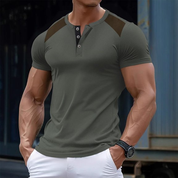 LTTVQM Mens Henley Shirts Waffle Button Short Sleeve Tops Lightweight Breathable Slim Fit Workout Fitness Athletic T-Shirt Army Green M