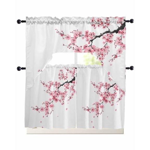 Pink Flower Kitchen Curtains Swag Valance and Tier Curtains Set 24 Inch Length, Spring Summer Botanical Floral Branches Rod Pocket Drape Panels Pair Swag Curtain for Bathroom/Cafe/Window