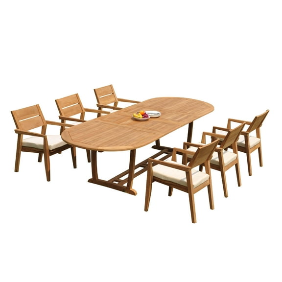 Grade-A Teak Dining Set: 6 Seater 7 Pc: 118" Mas Oval Trestle Leg Table And 6 Vellore Stacking Arm Chairs Outdoor Patio WholesaleTeak #51VL2707