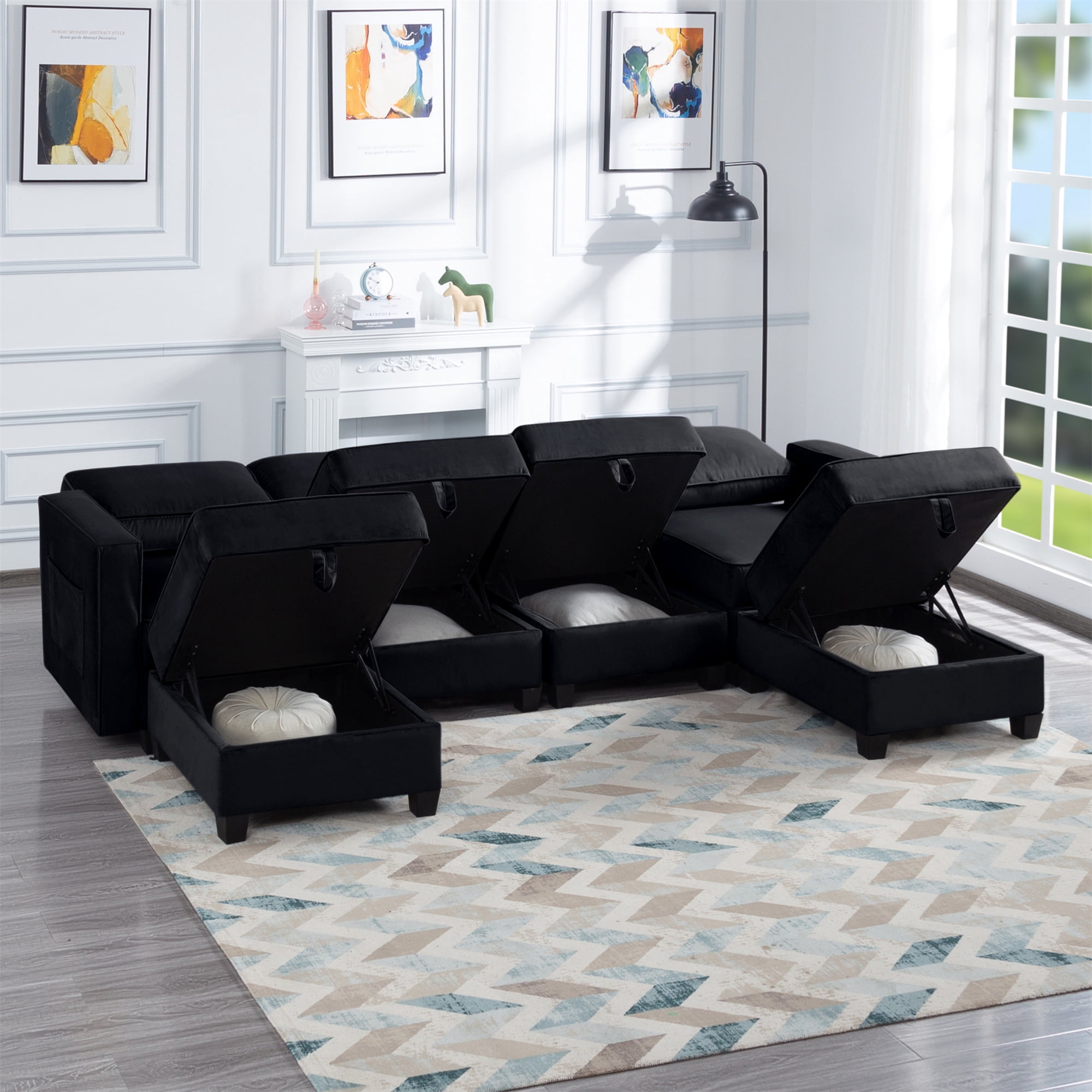 Aukfa 116" Velvet Storage Sectional Couch for Living Room, Modular Sleeper Sofa U-Shaped Sofa, Black