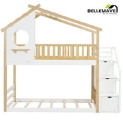 Bellemave Twin over Twin Bunk Beds with Storage Stairs,Guardrail, Window and Roof, Twin Bunk Bed House Bunk Bed/Low Bunk Bed(Natural)