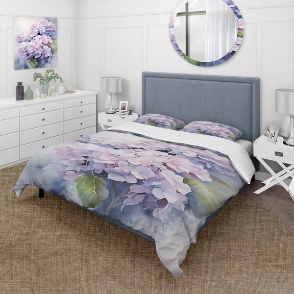 Designart "violet Hydrangea Graceful Whispers" Floral Bedding Covert Set - Hydrangea Purple Traditional Bed Set With 2 Shams
