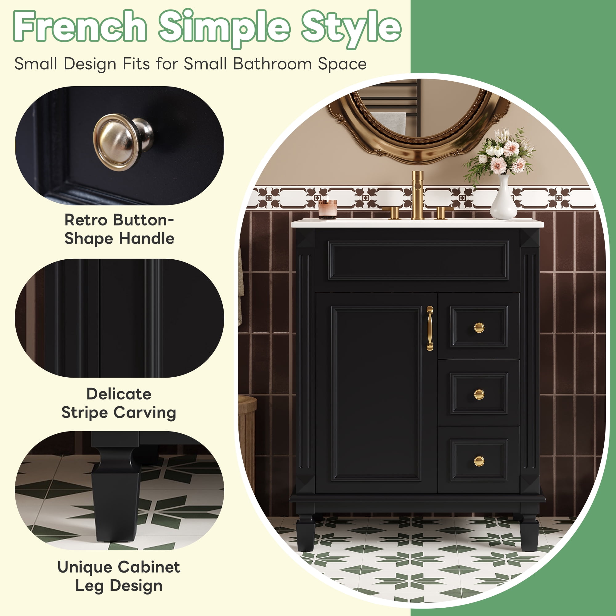 Euroco 24" Bathroom Vanity with Ceramic Sink, Small Bathroom Sink Cabinet, Modern Cabinet with 2 Drawers and Adjustable Shelf