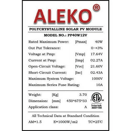ALEKO PP40W12V ETL Polycrystalline Modules Solar Panel, 40W 12V