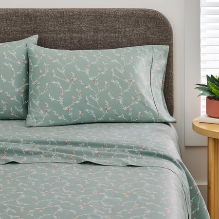 BETTER HOMES & GARDENS 4-PIECE 300 THREAD COUNT LYSIA FLORAL GREEN RIVER COTTON SATEEN BED SHEET SET, QUEEN