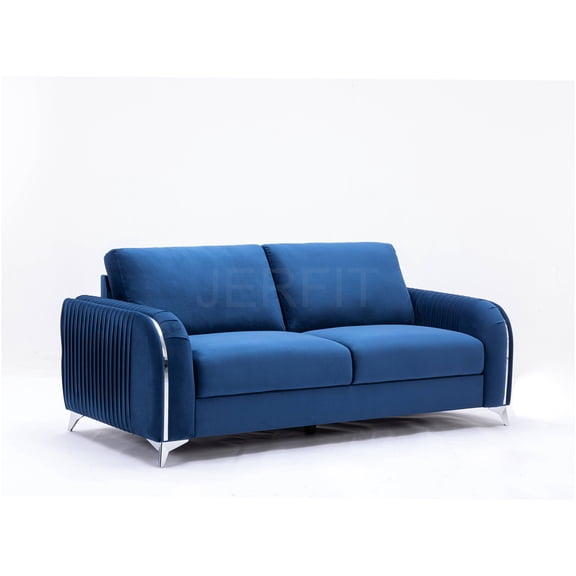 JERFIT Modern Velvet Sofa, 2-Seater Loveseat with Chrome Legs, Plush Comfort for Living Room, Blue