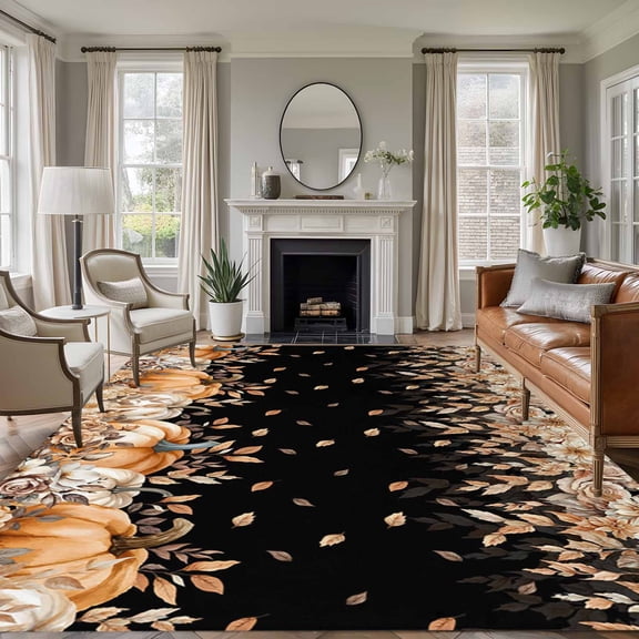 Area Rug for Living Room, Orange Pumpkins Fall Non-Slip Indoor Large Carpet for Bedroom/Dining Room, Thanksgiving Botanical Leaves Floral Washable Low-Profile Rectangle Floor Runner Rugs - 5 x 8 Ft