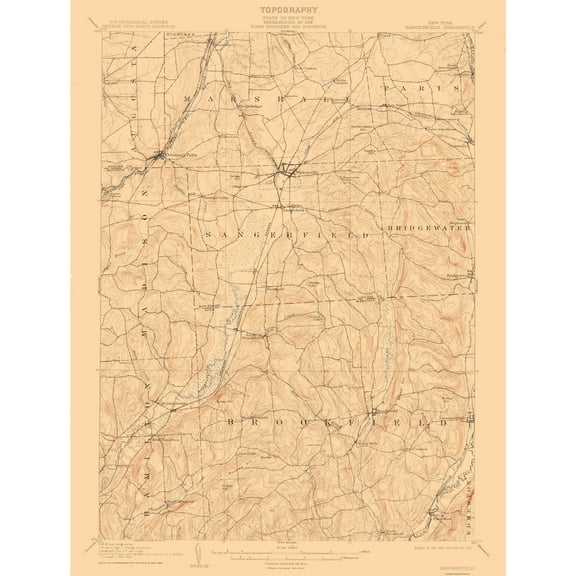 Topographical Map - Sangerfield New York Quad - USGS 1907 - 23 x 30.40 - Vintage Wall Art