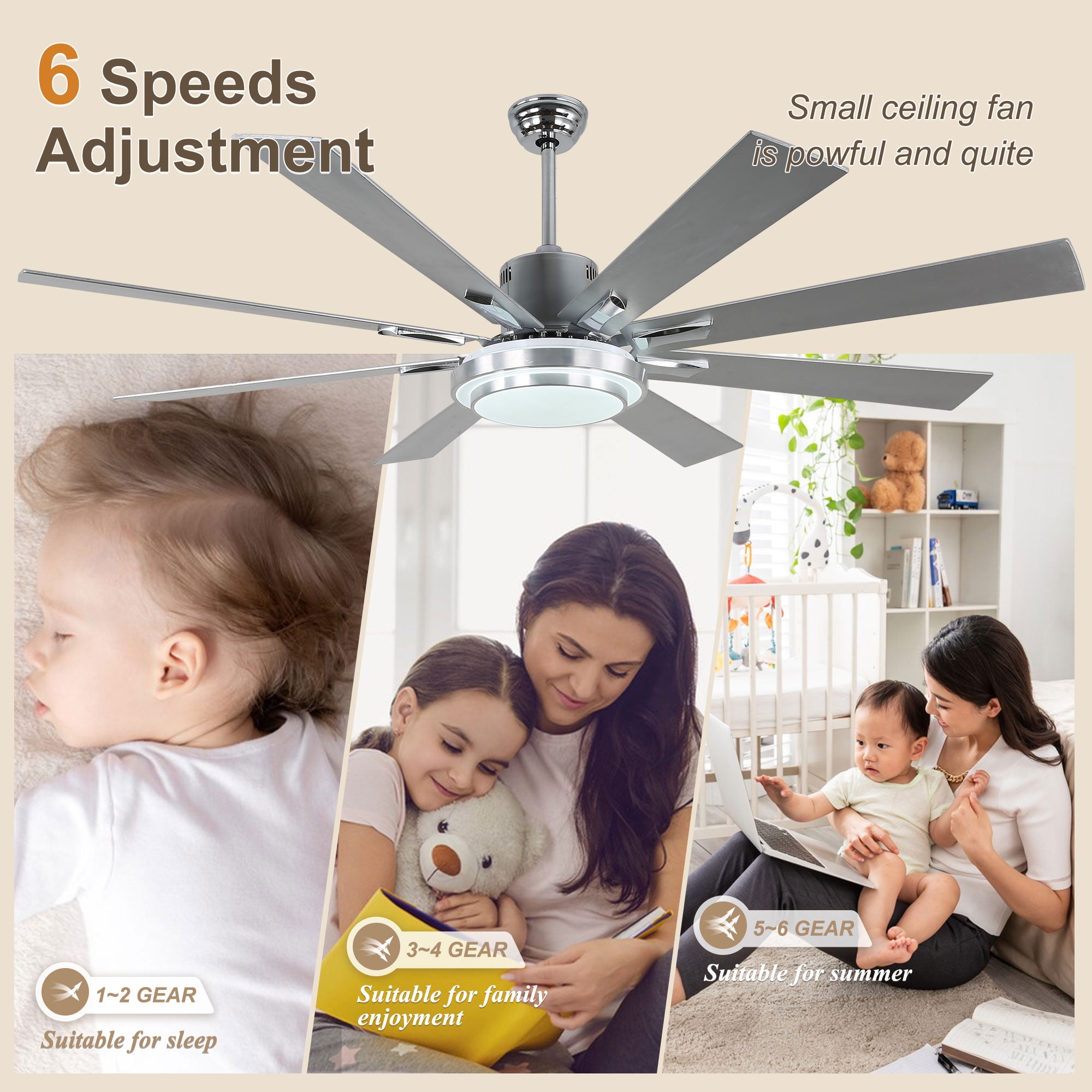 Bella Depot 72" Modern Silver LED Ceiling Fan 6-Speed Reversible Chandelier With Dimmable Light and Remote Control