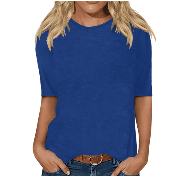Summer Tops for Women Casual Fashion Solid Color Loose Crewneck Half Sleeve T-Shirt Top Ladies Crew Neck Pullover Mid Sleeve Tee Shirts Blouse