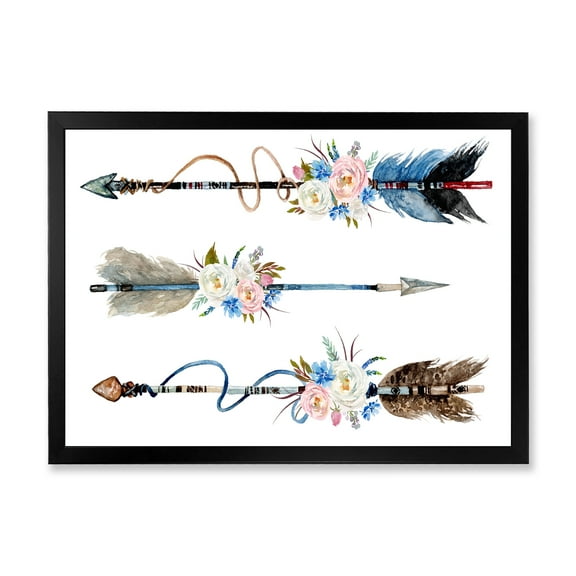 Designart 'Flowers and Ethnic Feathers On Native Arrows I' Bohemian & Eclectic Framed Art Print