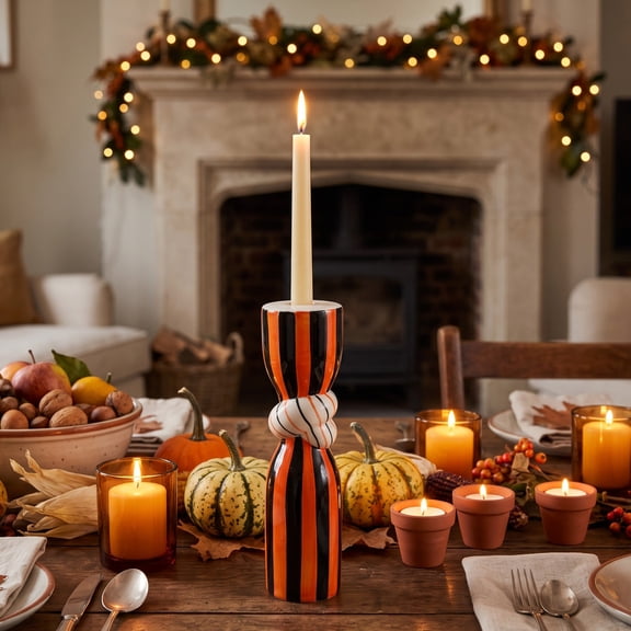 Thanksgiving Halloween Orange Black Striped Ceramic Candle Holders, Knotted Twisted Design Taper Candle Base with Glazed Finish, Festive Tabletop Centerpiece and Gift for Fall Season Decor