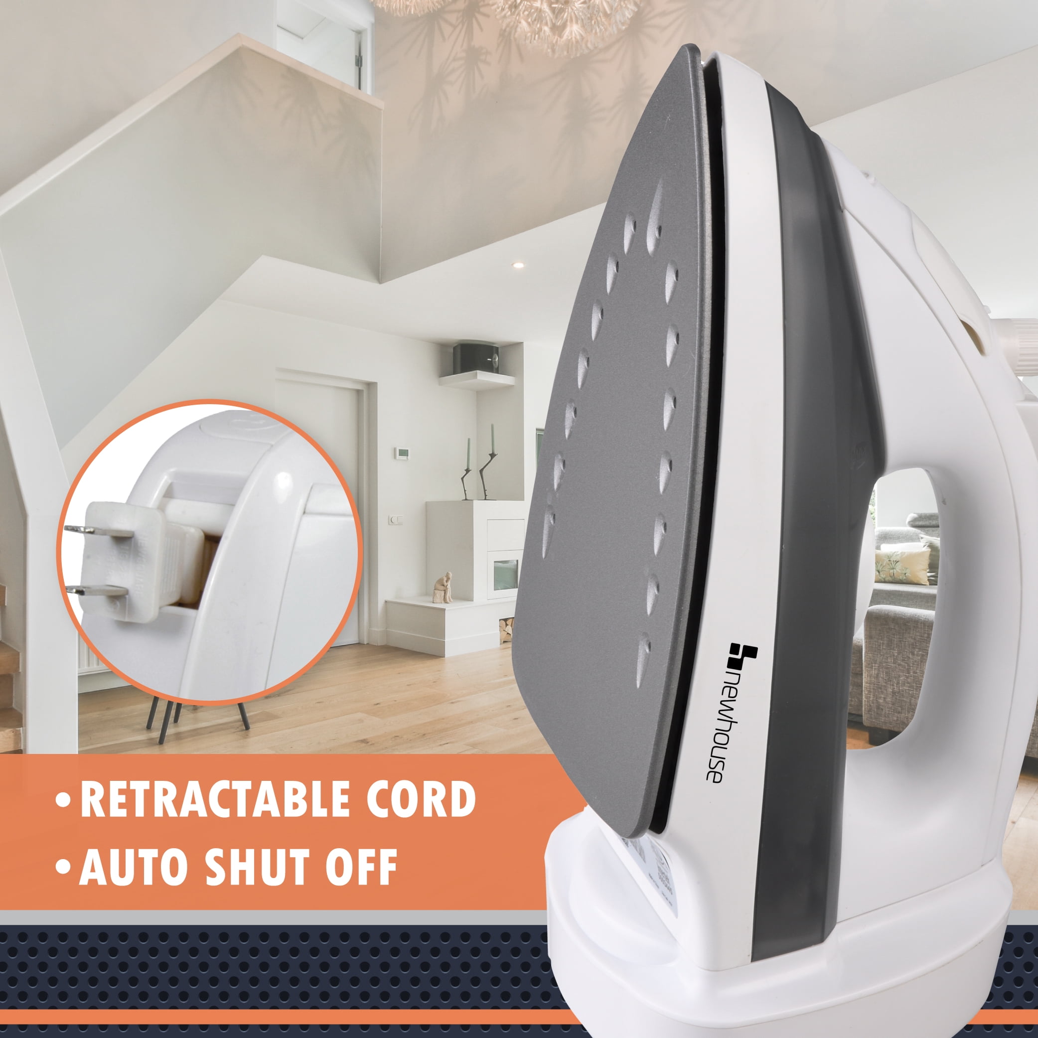 Newhouse 120V 1200-Watt Retractable Cord Steam and Spray Iron NHIR-001-R, Retractable Cord, Self-Cleaning, ETL Certified Home Essential