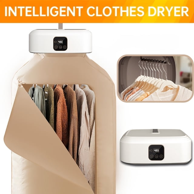 secador portátil con función de temporizador - solución compacta y conveniente para secar ropa delicada y pequeñas prendas en apartamentos, vista frontal centrada de cubierta tipo armario beige abierta con varias prendas colgadas en perchas; unidad superior blanca con panel digital y botones de temporizador, alimentación 110V-130V. También suele usarse para lencería y prendas pequeñas durante viajes o en espacios reducidos.