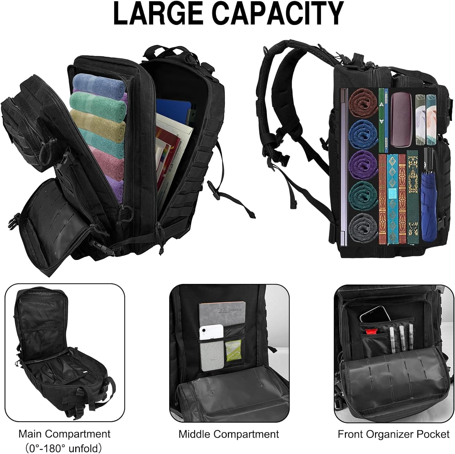 WOLT | 50L Durable Backpack--Durable 900D Nylon with Molle System & Laptop Compartment Large Hiking Backpacks Black