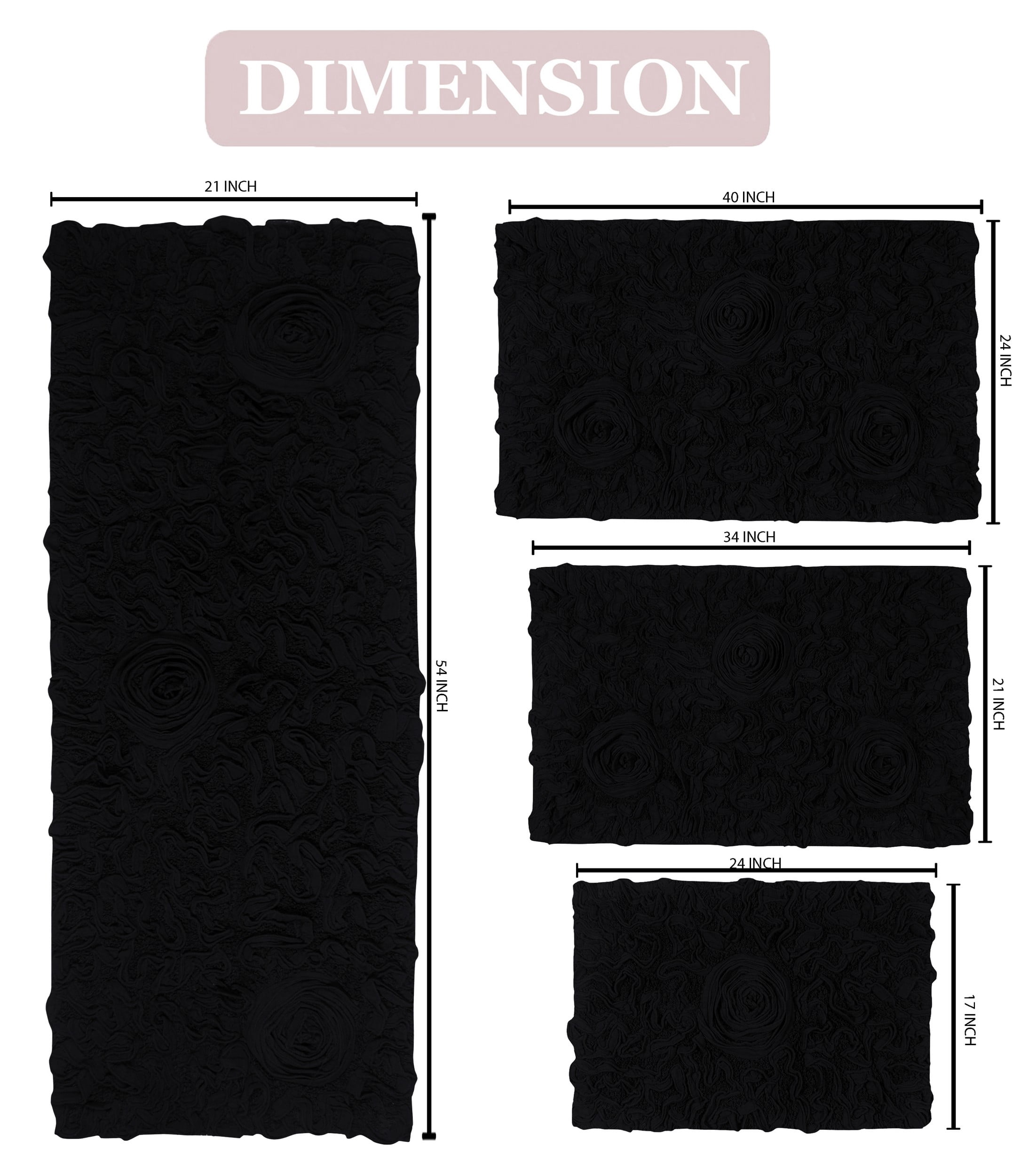 Home Weavers Bell Flower Collection 100% Cotton Non-Slip Bathroom Rug Set Machine Washable Bathroom Rug, Bath Rug, Bathroom Rug, Runner, Black Color 4 Piece Bath Rug set