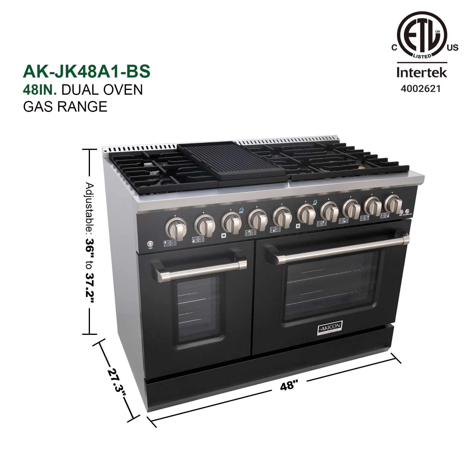Akicon 48" Slide-in Freestanding Professional Style Gas Range with 6.7 cu. ft. Oven, 8 Burners, Convection Fan, Cast Iron Grates, & Blue Porcelain Oven Interior, Black with Stainless Steel
