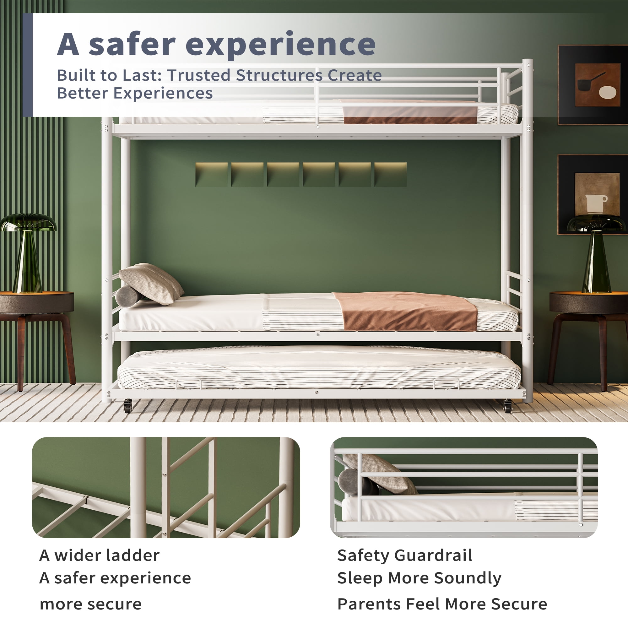 Miniyam Twin Over Twin Metal Bunk Bed with Trundle, Heavy-Duty Steel Frame, Space-Saving Design with Guardrails and Ladder, White