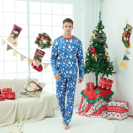 

Jialili Parent-Child Warm Christmas Set Printed Home Wear Pajamas Two-Piece Dad Set Blue XL