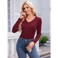 thumbnail image 2 of JYLFC Womens V Neck Slim Fit T-Shirts Long Sleeve Textured Tunic Top, Burgundy L, 2 of 6