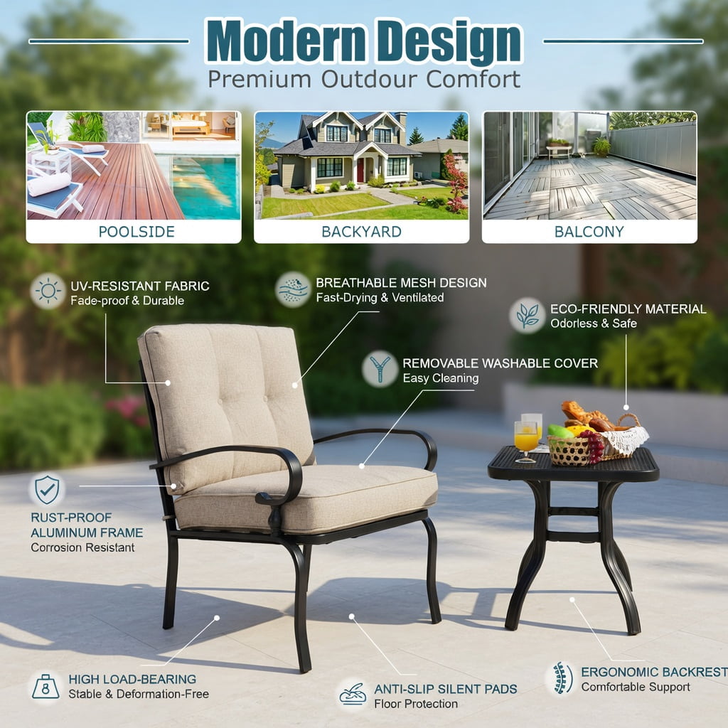 Hommoo 2-Piece Outdoor Patio Loveseat & Coffee Table Set, Steel Frame with Cushions, Weather-Resistant Garden Bench Set for Balcony, Poolside, or Living Room, Beige