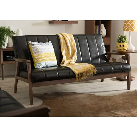 Baxton Studio Nikko Faux Leather Sofa In Black And Walnut Baxton Studio Nikko Faux Leather Sofa