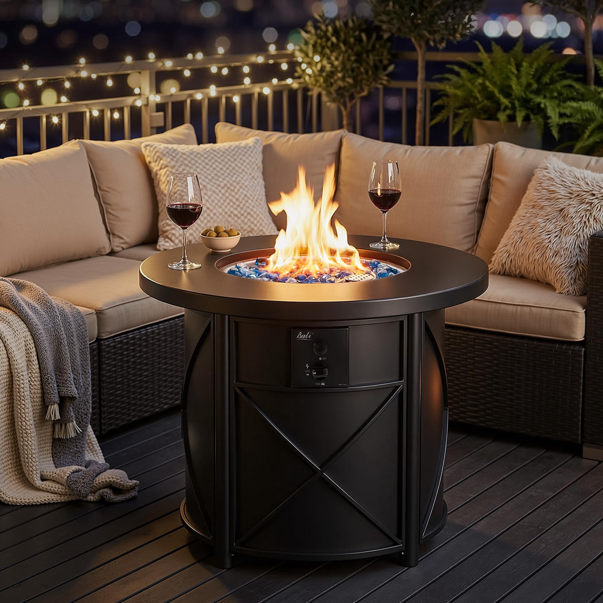 Bali Outdoors 30" Round Gas Fire Pit Table 50000 BTU Fire Column for Outside Backyard, Patio, Black