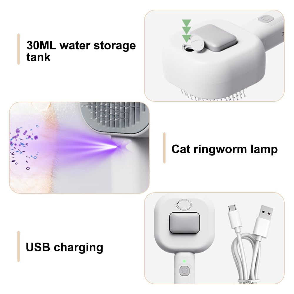Cat Steamy Brush,3 in1 Self Cleaning Steam Cat Brush with 30ml Water Tank USB Rechargeable for Cats Dogs Rabbits Massage Clean Grooming