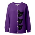 thumbnail image 3 of GBSYEWXS Women Cardigan Button Crew Neck Long Sleeve Cat Print Daily Wear Open Front Sweater Dark Purple, 3 of 4