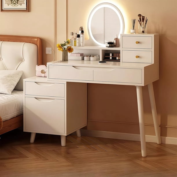 Tocador, Tocador de Maquillaje con Espejo y Lámpara, Tocador con 3 Cajones y 3 Gabinetes, Tocador de Dormitorio Iluminación Ajustable Espejo de Pantalla Táctil (Blanco),Blanco
