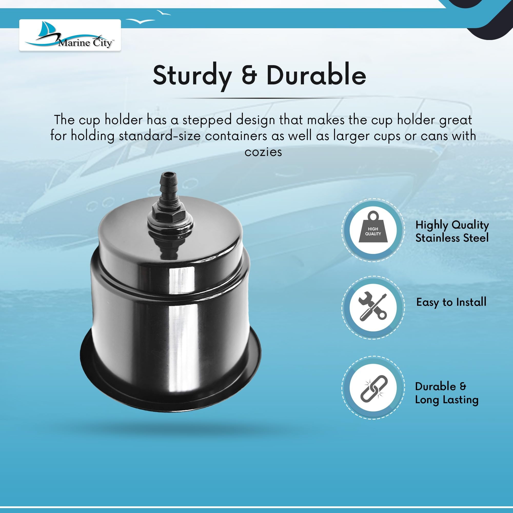 Marine City Cup Holder with Closeable Drain, Durable Polypropylene Plastic, Fits 30 oz Tumbler, for Boats RVs Yachts Kayaks Ships Marines, 2-Pack