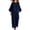 Navy, variant on Two Piece Outfit Sets for Women Round Neck Button UP Blouse & Matching Flowy Trousers