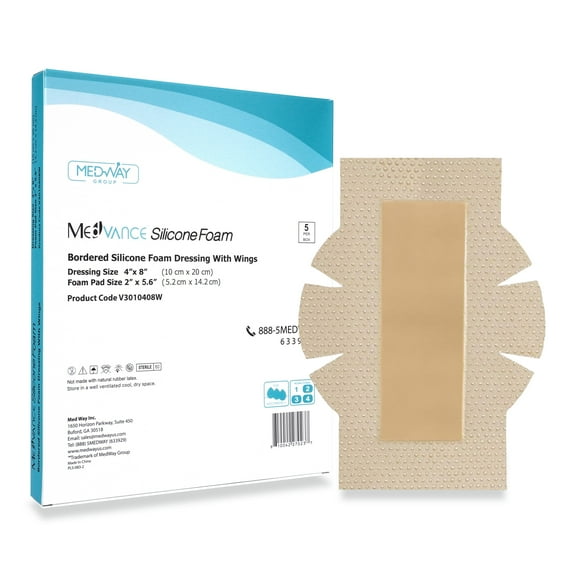 MedVanceTM Silicone - Bordered Silicone Adhesive Foam Dressing, Post Elbow, Shoulder Knee Surgery, (4"x8" w/Wings)