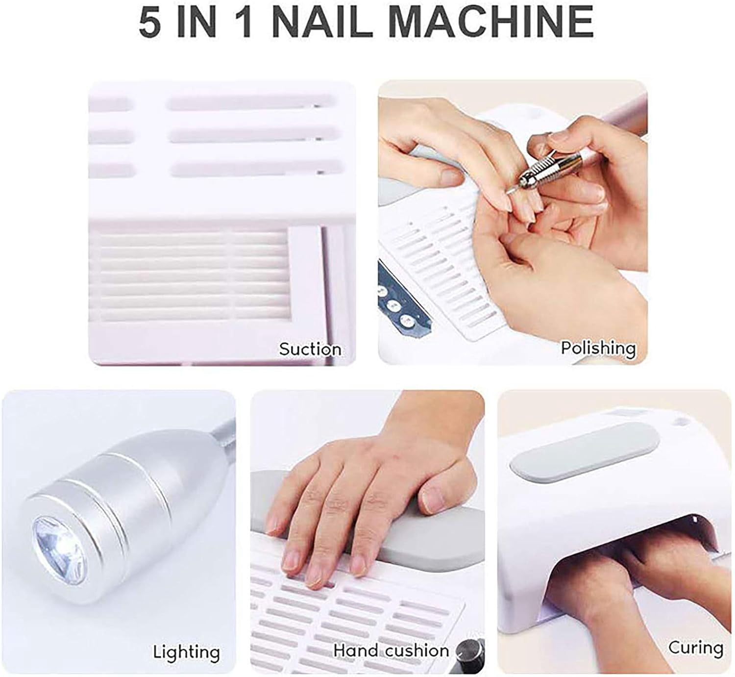 Nail Dryer Vacuum Multi-Purpose Manicure Machine, 5in1 UV Manicure Machine with 30,000rpm Electric Nail Drill, 96W UV LED Nail Lamp, 6W Table Lamp and Hand Pads for Salons and Homes