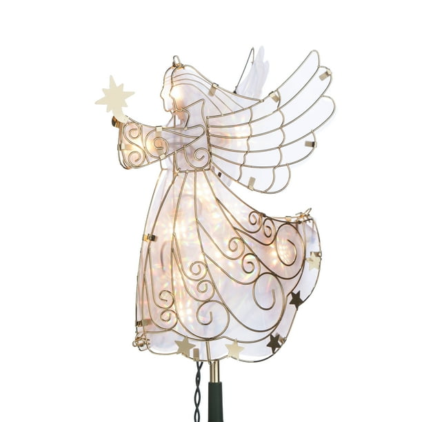 Lighted Angel Tree Topper in Frosty Glass with Gold Outline and Stars