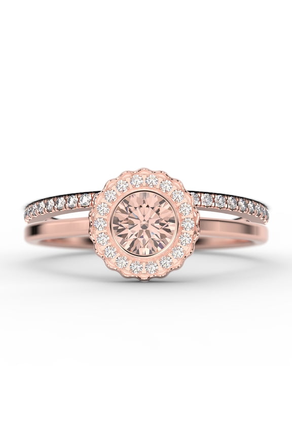 Beautiful Boho & hippie 1.60 Carat Round Cut Antique Morganite And Diamond Moissanite Engagement Ring, Floral Halo Wedding Ring, One Matching Band in 10k Solid Rose Gold, Bridal Rings, Gift For Her