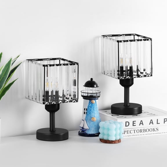 Modern Square Striped Glass Table Lamp, Black Metal Base Bedside Desk Lamp with Inline Switch, Decorative Nightstand Lamp for Bedroom Living Room, Bulb Not Included