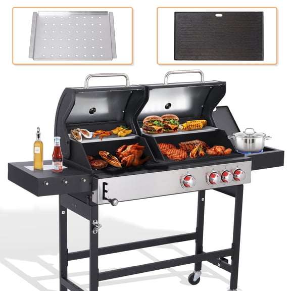 CIG GARDEN Gas and Charcoal Combo Grill, 3 Burner Propane Gas Grill with Side Burner, Cast Iron Grates Outdoor Barbecue Grill with 41,500 BTU Output