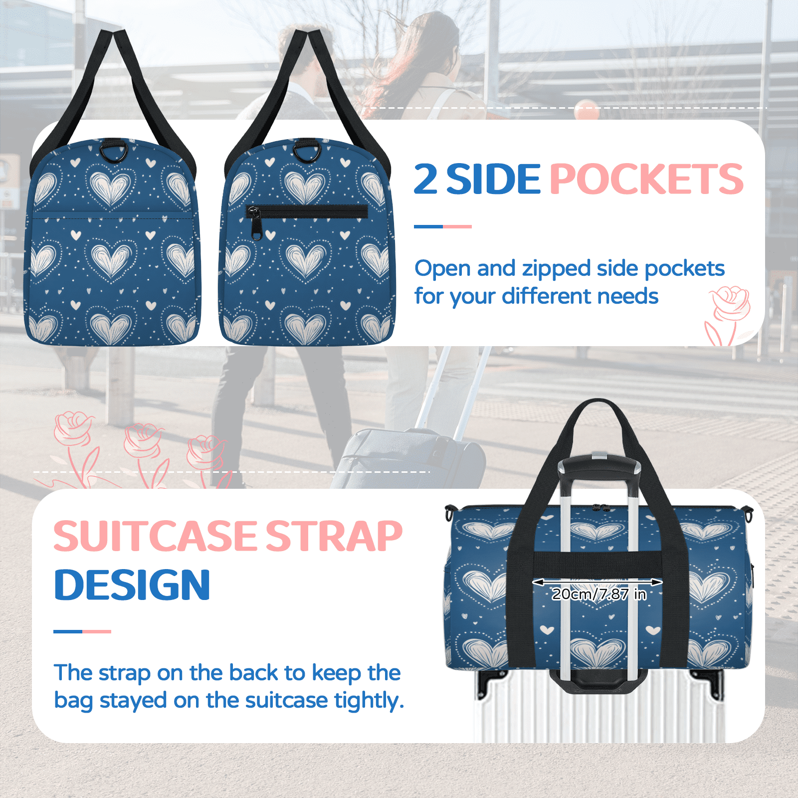 Herdesigns Love Gym Bag for Women, Duffle Bag for Travel Sport, Polka Dots Lightweight Waterproof Carry on Weekender Dance Yoga Workout Bags