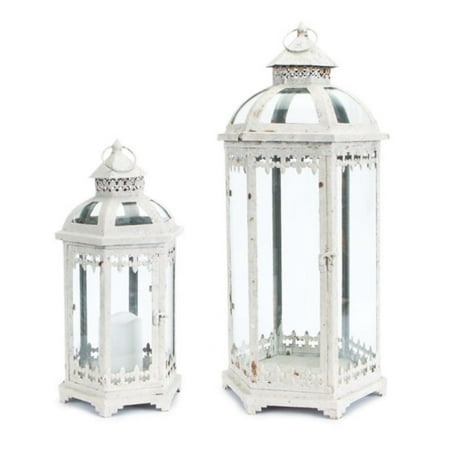 Fleur De Lis Etched Glass - Set of 2 Fleur de Lis Weathered White Metal and Glass Pillar Candle Holder Lanterns 24.5