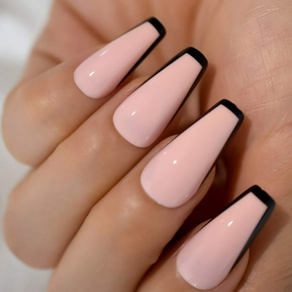 Trapezoid French Nail Nude Pink Color False Nails Black Top Long Tapered Coffin Nail Art Tips Thick Reusable with Adhesive Tabs