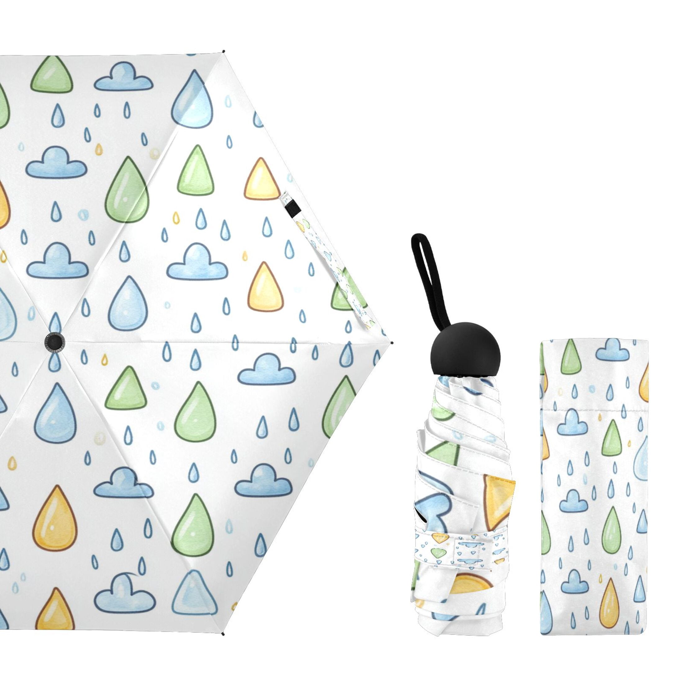 Rainy Day Pattern Umbrellas for Sun Auto Open Close UV50+ Waterproof 5-Fold Compact Fiberglass Frame