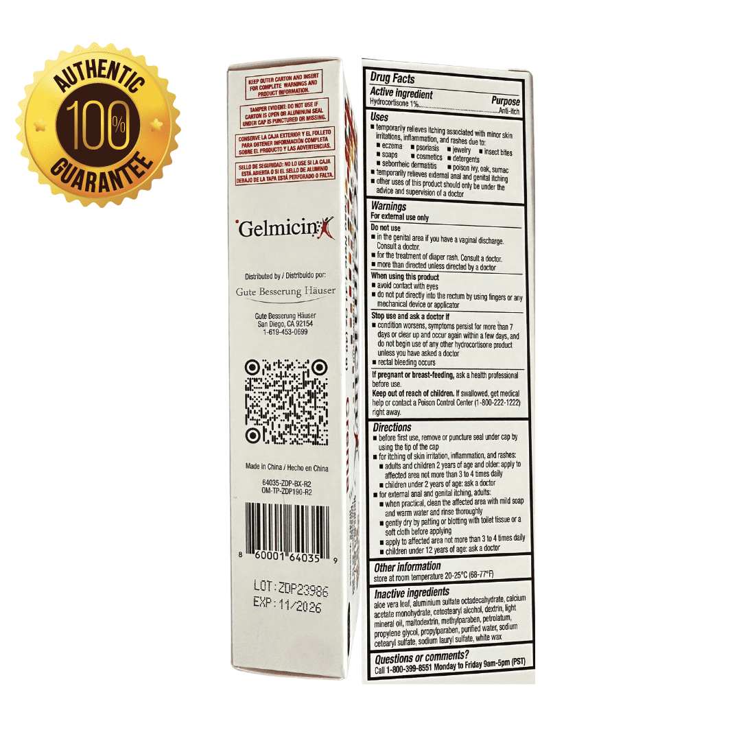Gelmicin Cream Hydrocortisone 1% Anti-Itch Cream, 40 g Tube