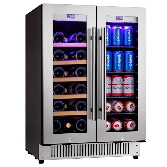 AIchiller 24 inch French Door Dual Zone Wine Cooler, Flexible Installation Beverage Refrigerator for Under Counter Beer Storage