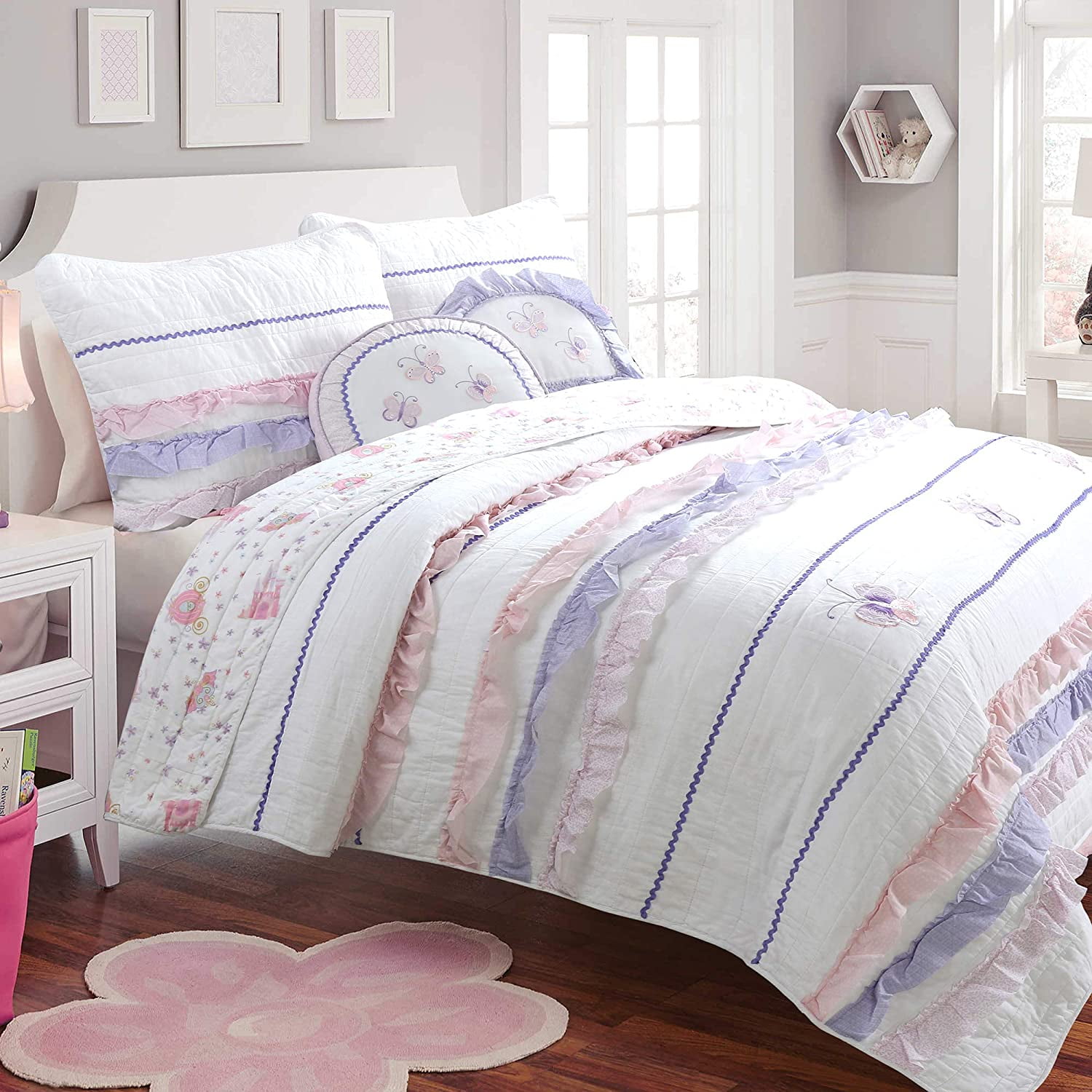 Details about   Pink Blue Purple White Floral 3 pc Quilt Set Coverlet Full Queen King Bedding 