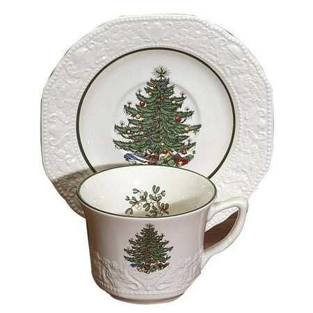 Indian Tree Saucer - The Holiday Aisle Original Christmas Tree Dickens Embossed Tea Cup and Saucer (Set of 4)