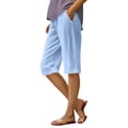 thumbnail image 2 of Linen Bermuda Shorts for Women Knee Length Summer Casual Elastic Waisted Shorts with Pockets Light Blue XL, 2 of 5