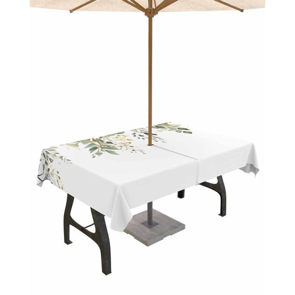 Fsddascl Spring Botanical Outdoor Tablecloth - 54x80 Inch Rectangle Dining Table Cover, Teal Eucalyptus Leaves Watercolor Waterproof Outdoor Table Cloth with Umbrella Hole & Zipper for Picnic/Patio