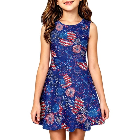 WERYOUNG Girls Independence Day Sleeveless Dresses For Girls Round Neck Red White Blue Patriotic Party Dress 250th Anniversary USA Festival Dress Versatile 3-4 Years